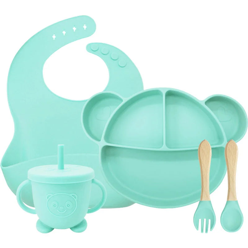 5-Piece Set cyan Mickey Mouse Silicone Bibs and Feeding Set