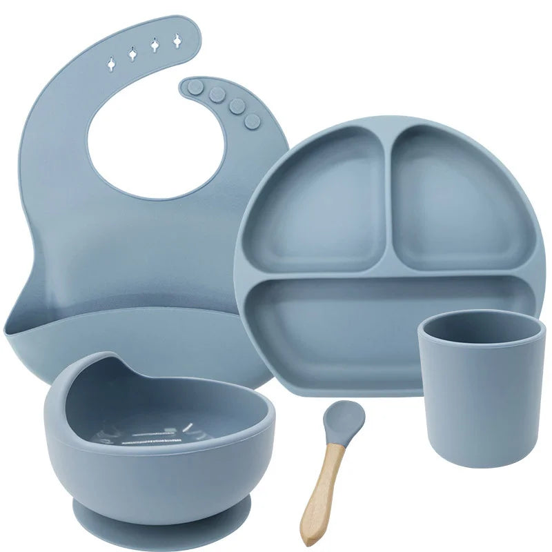 Light Blue 5-piece silicone bibs and feeding set