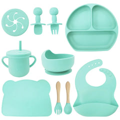 cyan 10-Piece Silicone Bibs and Bowl Set