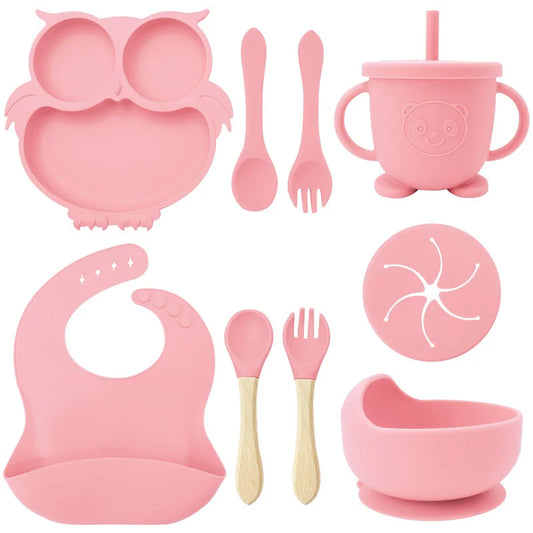 Light pink 9-piece silicone bibs and self-feeding set