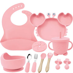 Light pink 11-Piece Crab Silicone Bibs and Infant Feeding Set