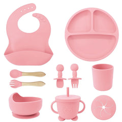 Light pink 10-piece silicone bibs and feeding set for infants