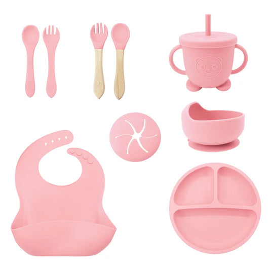 Light pink 9 Pcs Silicone Bibs and Baby Feeding Set