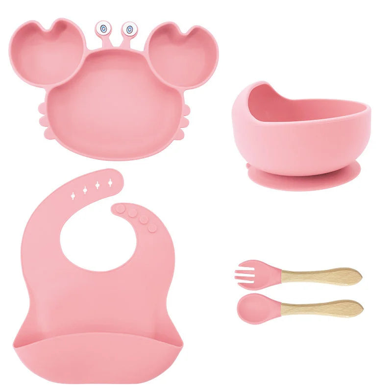 5-Piece Light pink Crab-Shaped silicone bibs and Children's Feeding set