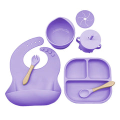 Purple 7-piece silicone bibs and feeding set