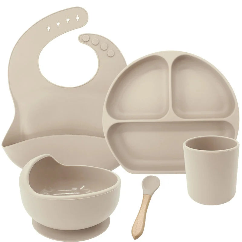 Beige 5-piece silicone bibs and feeding set