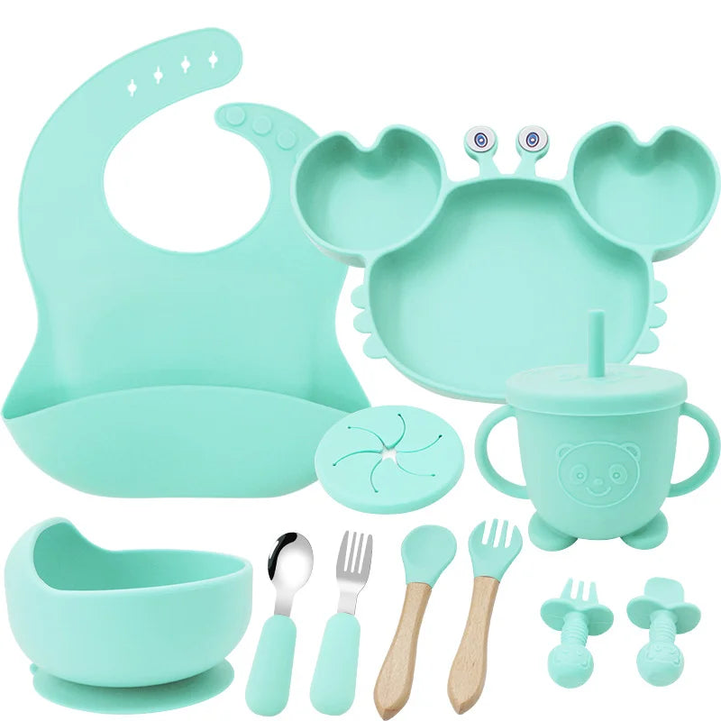 cyan 11-Piece Crab Silicone Bibs and Infant Feeding Set