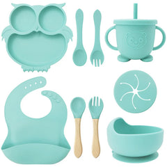 cyan 9-piece silicone bibs and self-feeding set