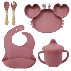 5-Piece Set With Wooden Spoon and Fork Dark pink Crab Shaped Silicone Bib and Infant Dinner Set