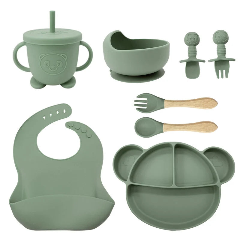 8-Piece Set Green Mickey Mouse Silicone Bibs and Feeding Set