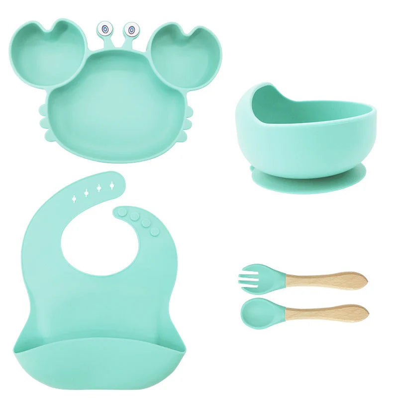 5-Piece cyan Crab-Shaped silicone bibs and Children's Feeding set