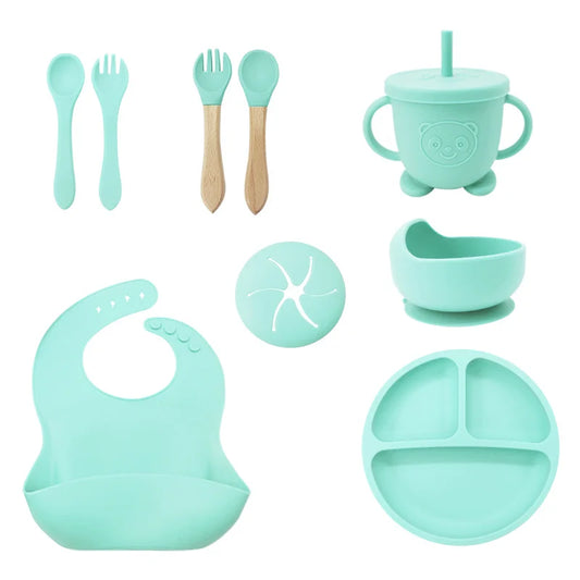 cyan 9 Pcs Silicone Bibs and Baby Feeding Set