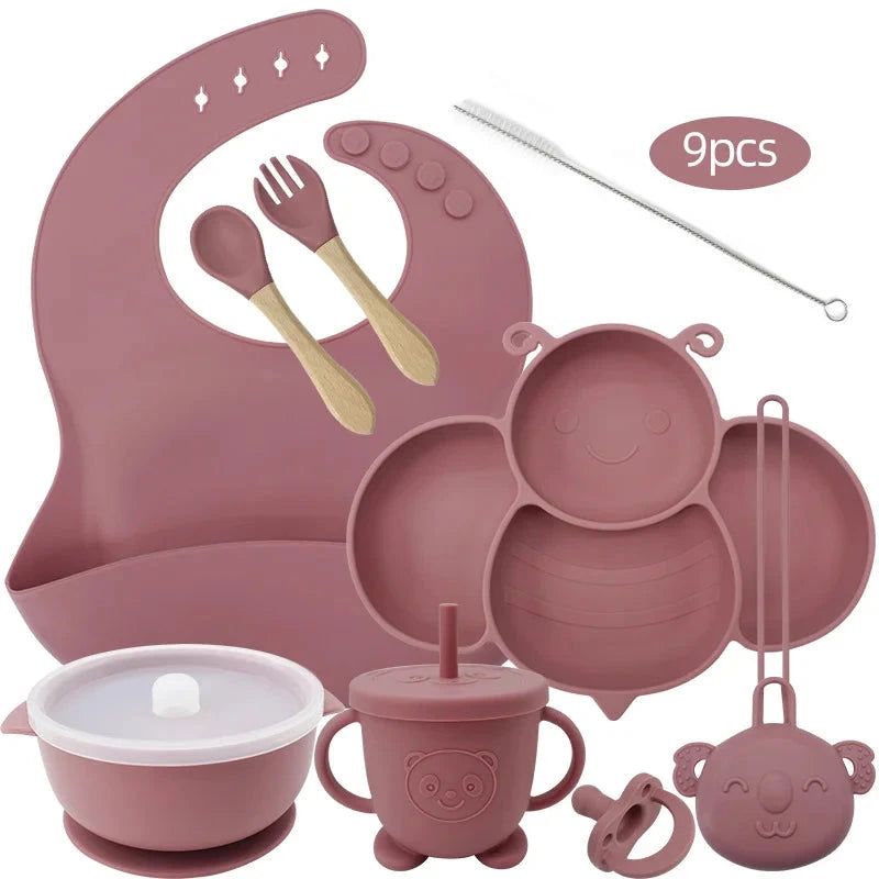 Dark pink 9-piece silicone bibs and bowl set