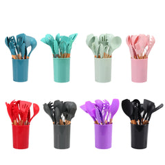 11pc Silicone Cooking Utensil Set Wooden Handles