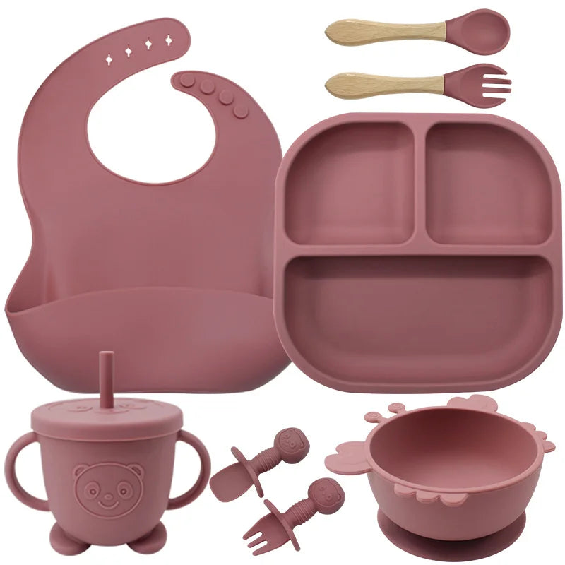 Dark pink 8-piece bear silicone baby bibs and bowl set