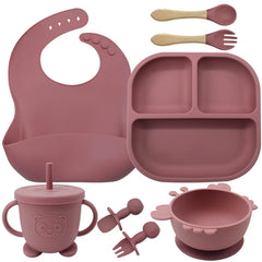 Dark pink 8-piece bear silicone baby bibs and bowl set