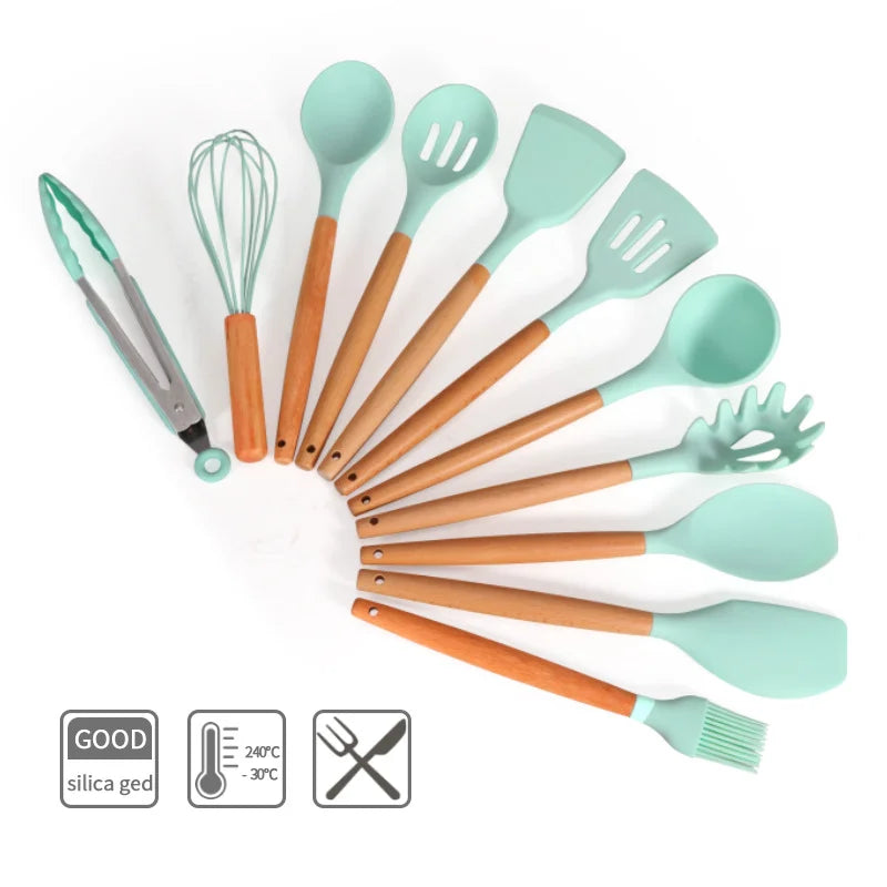 11-Piece Silicone Cooking Utensils with Wooden Handle