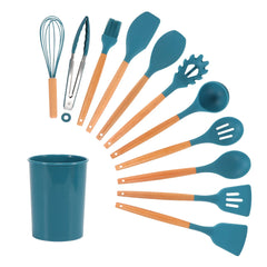 11pc Silicone Cooking Utensil Set Wooden Handles