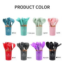 11pc Silicone Cooking Utensil Set Wooden Handles