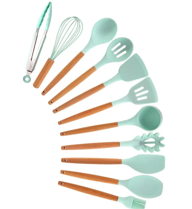 11-Piece Silicone Cooking Utensils with Wooden Handle