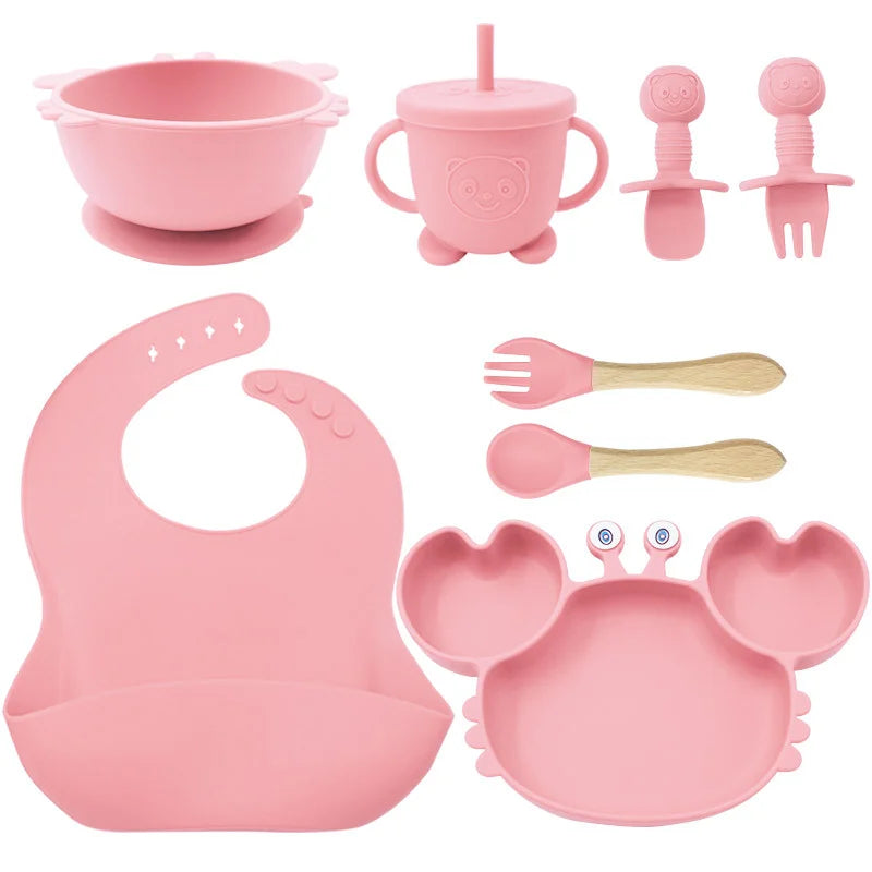 Light pink 8-piece Crab Silicone Baby Utensils | Feeding Set