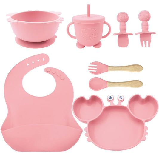 Light pink 8-piece crab silicone bibs and bowl set