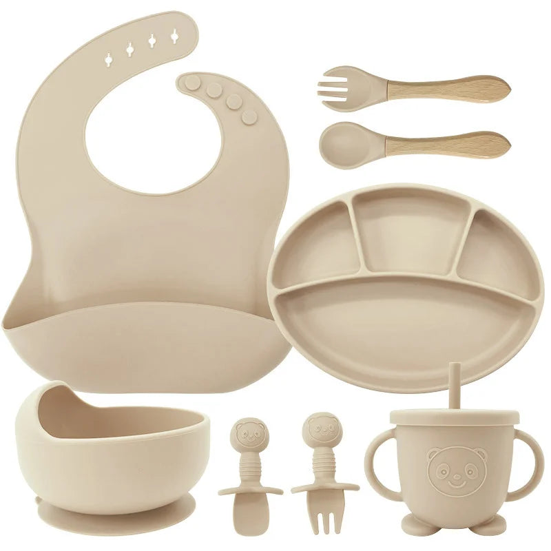 Beige 8-piece Infant Silicone Feeding Set | Baby Utensils