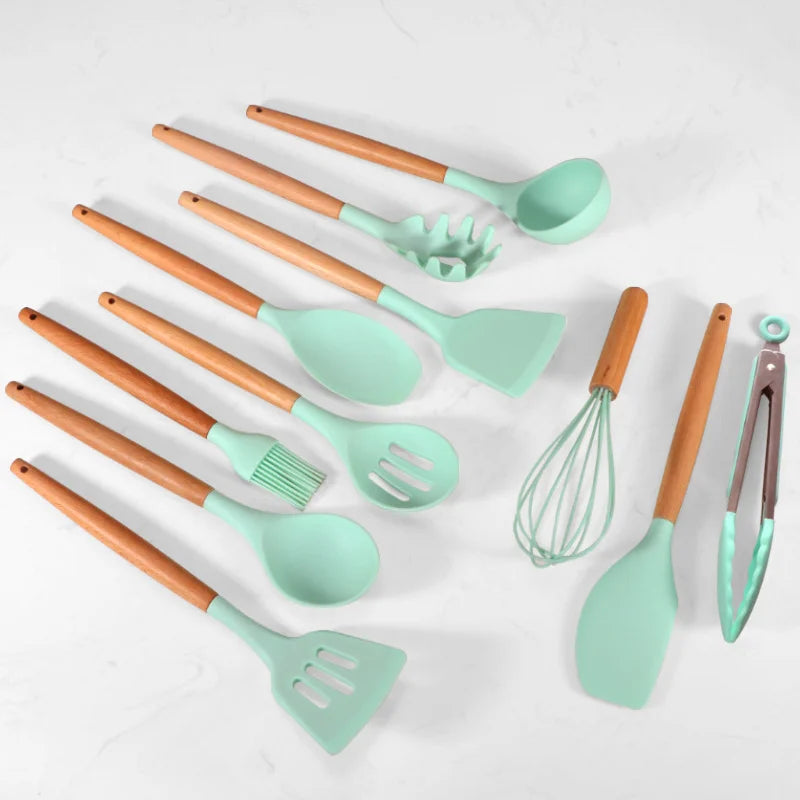 green 11-Piece Silicone Cooking Utensils with Wooden Handle