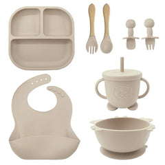 Beige 8-piece Bear Silicone Baby Utensils | Feeding Set