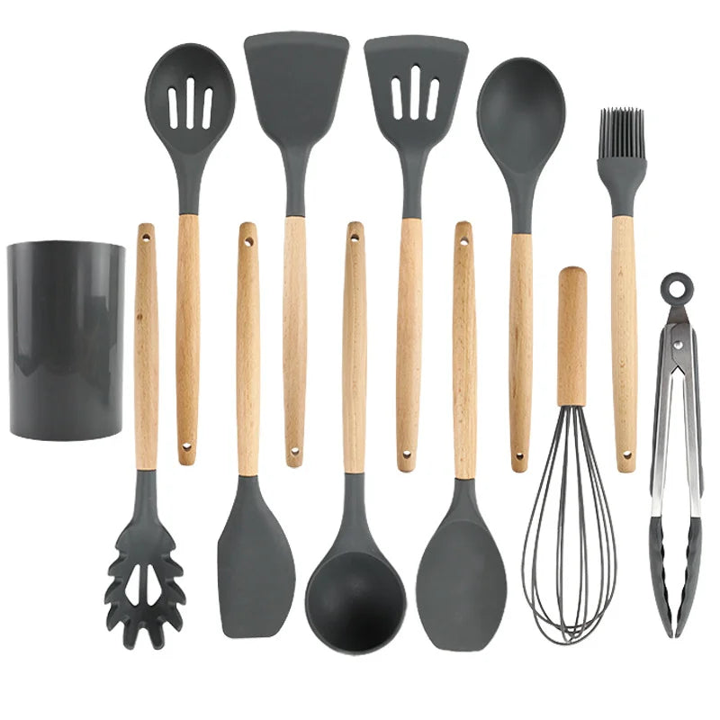 Silicone Cooking Utensils Set Wood handle