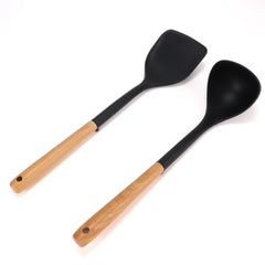 black Silicone Cooking Utensils Set wit Wooden Handle