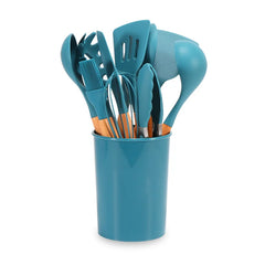 Blue 11pc Silicone Cooking Utensil Set Wooden Handles