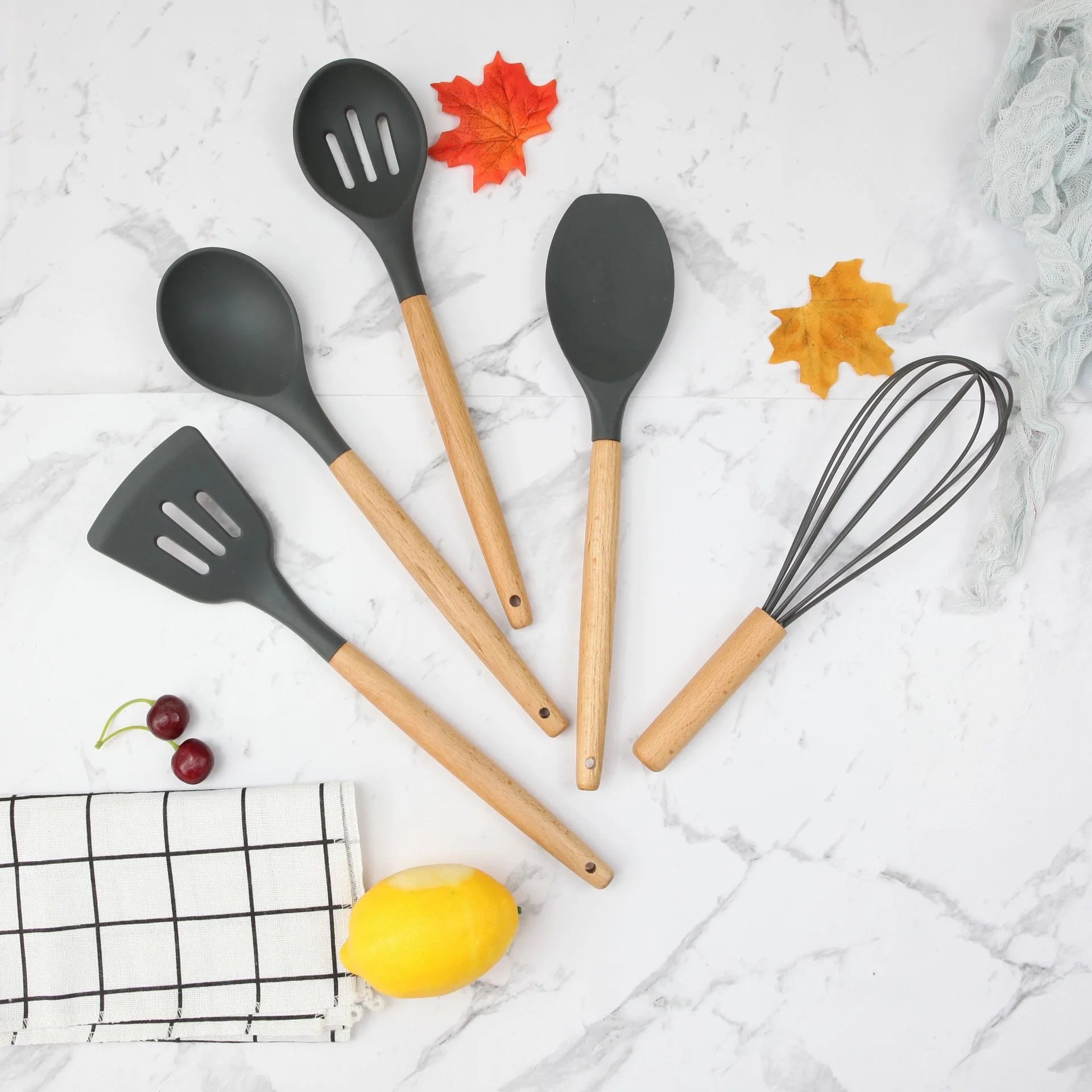 Silicone Cooking Utensils Set Wood handle