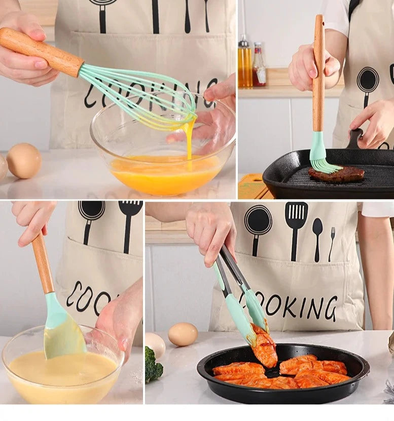 11-Piece Silicone Cooking Utensils with Wooden Handle