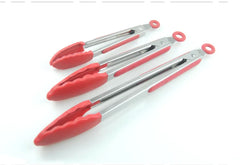 Set of 3 Red Silicone Kitchen Tongs Stainless Steel