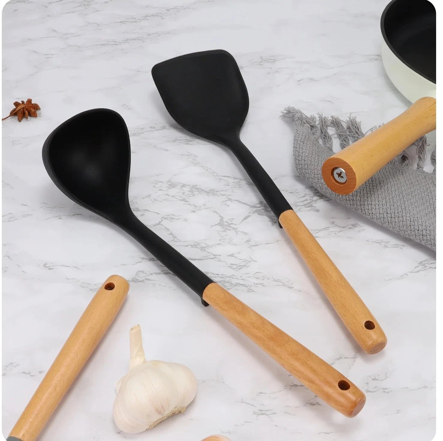 Silicone Cooking Utensils Set wit Wooden Handle