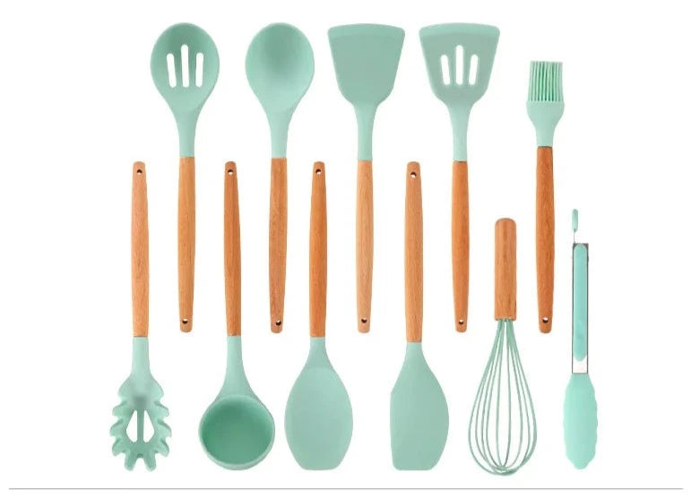 11-Piece Silicone Cooking Utensils with Wooden Handle