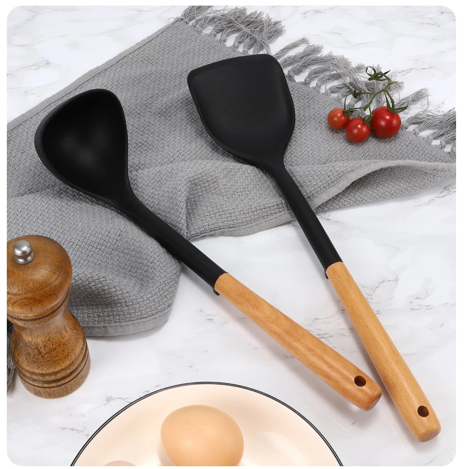 Silicone Cooking Utensils Set wit Wooden Handle