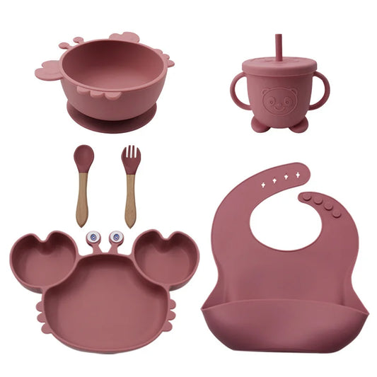 Dark pink 8-piece crab silicone bibs and bowl set