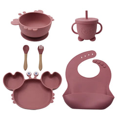 Dark pink 8-piece crab silicone bibs and bowl set