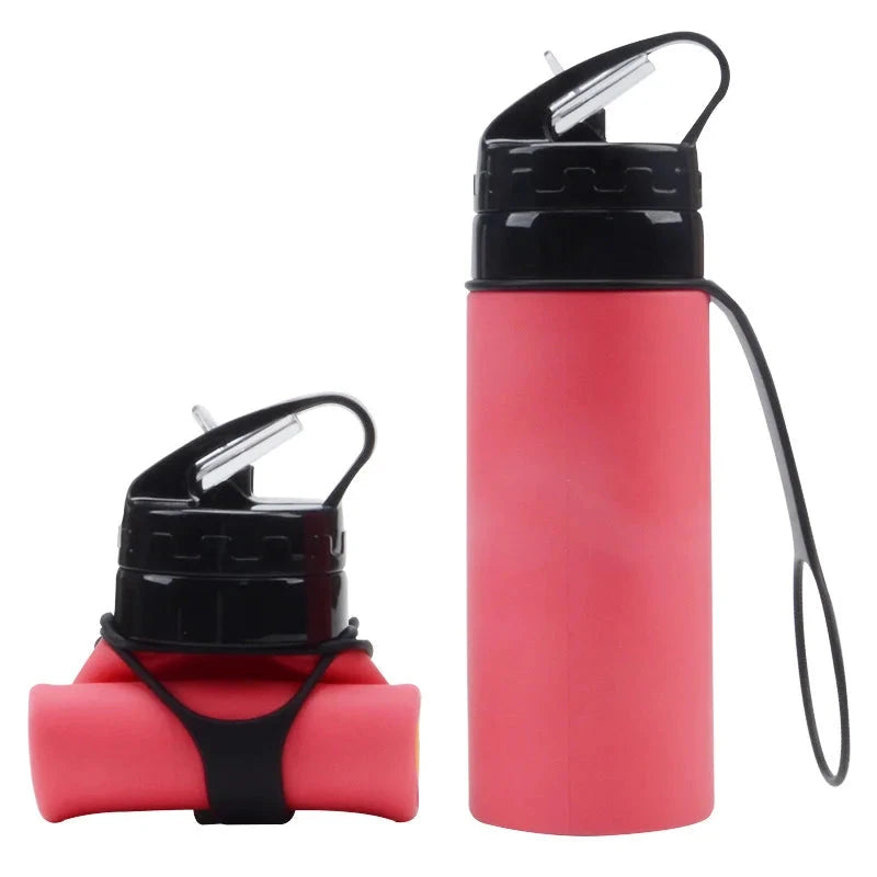 Pink 450 ml Silicone Folding Water Bottle with Straw