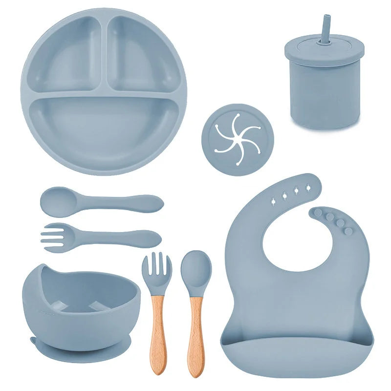 Sky Blue Silicone Food-Grade Baby Feeding Set