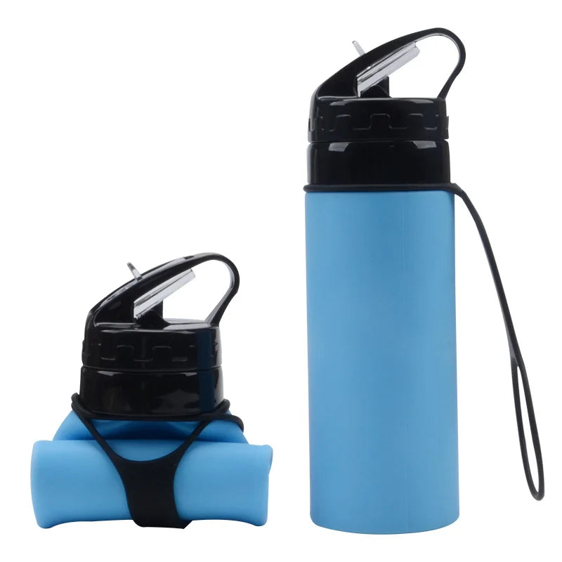 Blue 450 ml Silicone Folding Water Bottle with Straw