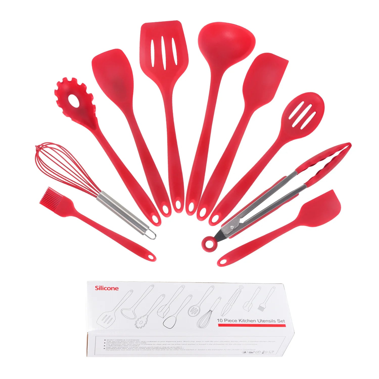 Red 10Pcs Silicone Cooking Utensils Set