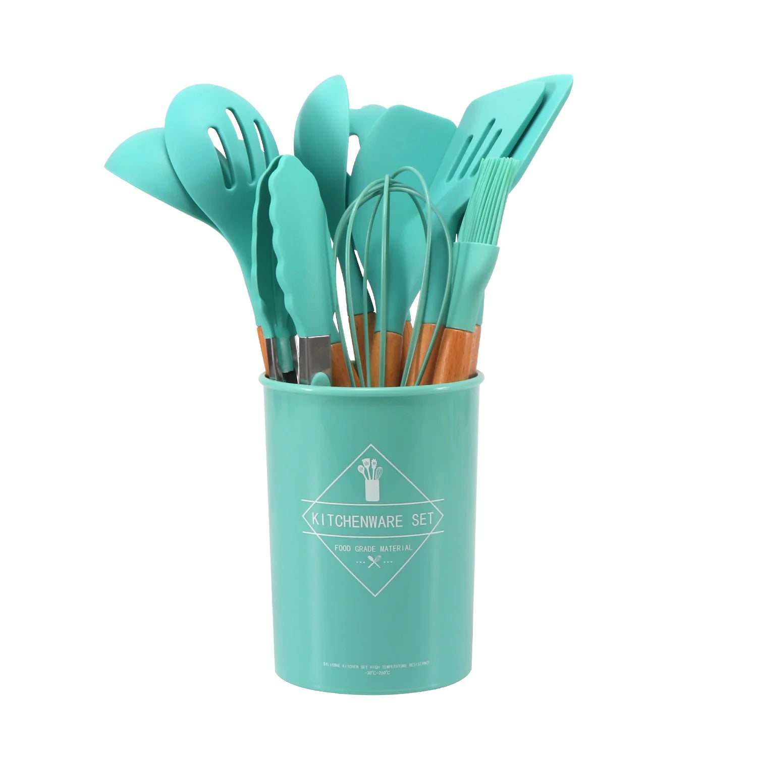 Dark Green 11pc Silicone Cooking Utensil Set Wooden Handles