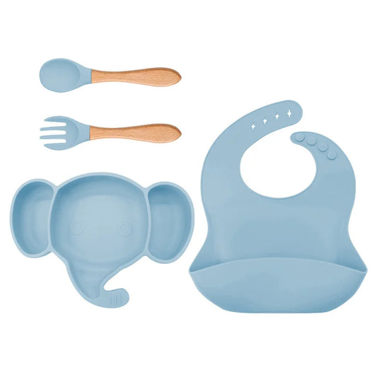 4 Pieces Light Blue Silicone Baby Feeding Set