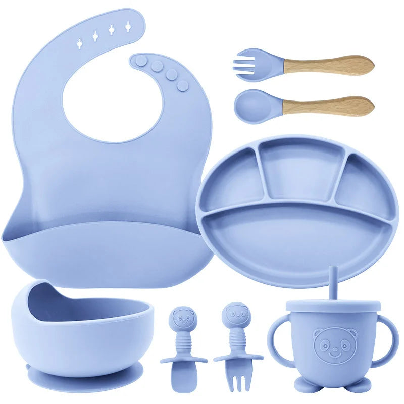 Sky Blue 8-piece Infant Silicone Feeding Set | Baby Utensils