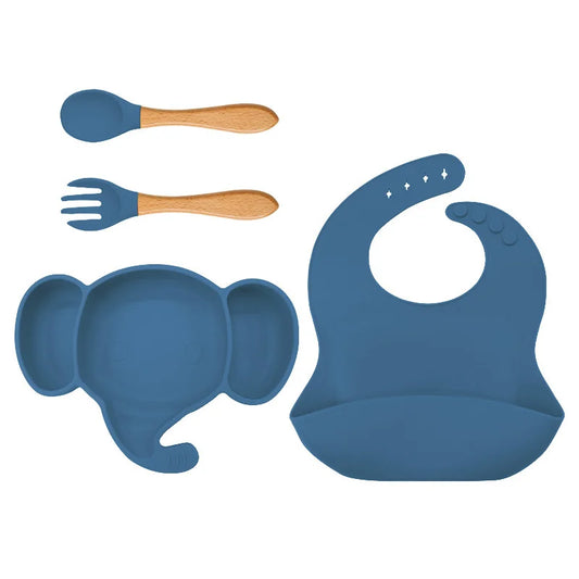 4 Pieces Dark Blue Silicone Baby Feeding Set | Anti Slip Baby Utensils