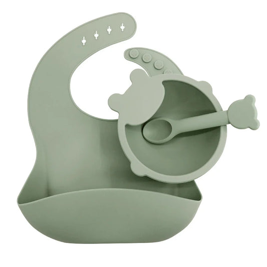 Green 3-piece silicone bib and bowl set