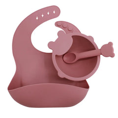 Dark pink 3-piece silicone bib and bowl set